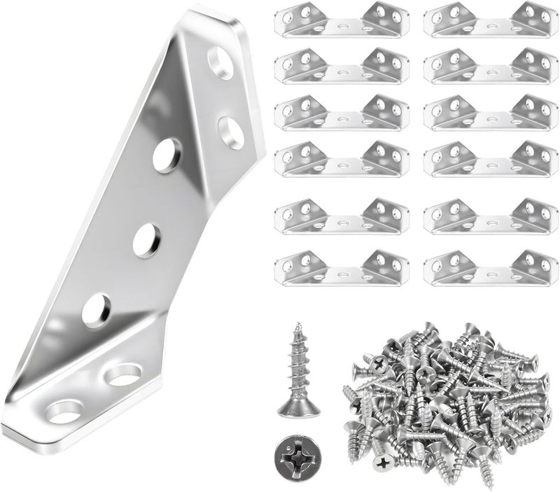 VEESON 12 Pack Universal Stainless Steel Furniture Corner Connectors with Screws – Heavy Duty Triangular Brackets for Wood Furniture, Cabinets, Tables, Chairs, Drawers, and Shelving 84 Screws - Image 1